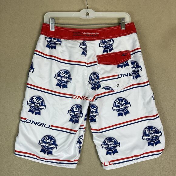 O'neill x Pabst Blue Ribbon Swim Trunk Mens 29‎ White Drawstring Waist Pockets - Picture 12 of 15